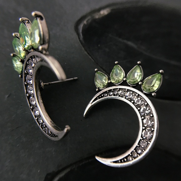 Green Leaf Crescent Moon Earrings Silver - Picture 3 of 7